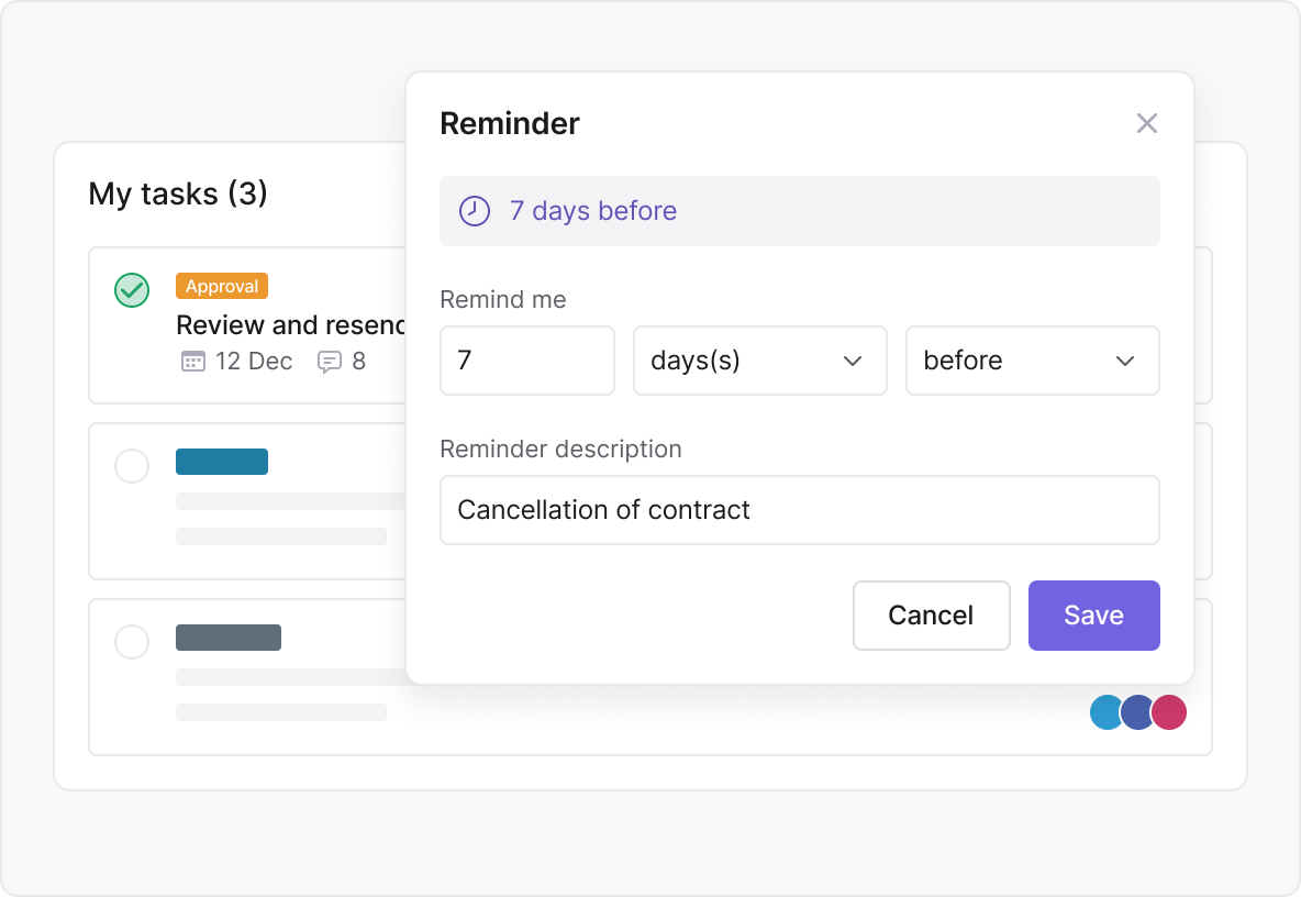 A dashboard showing automated AI-generated reminders for contract renewals and key dates - Join a live product demo of the Inhubber platform with CEO Dr. Elena Mechik