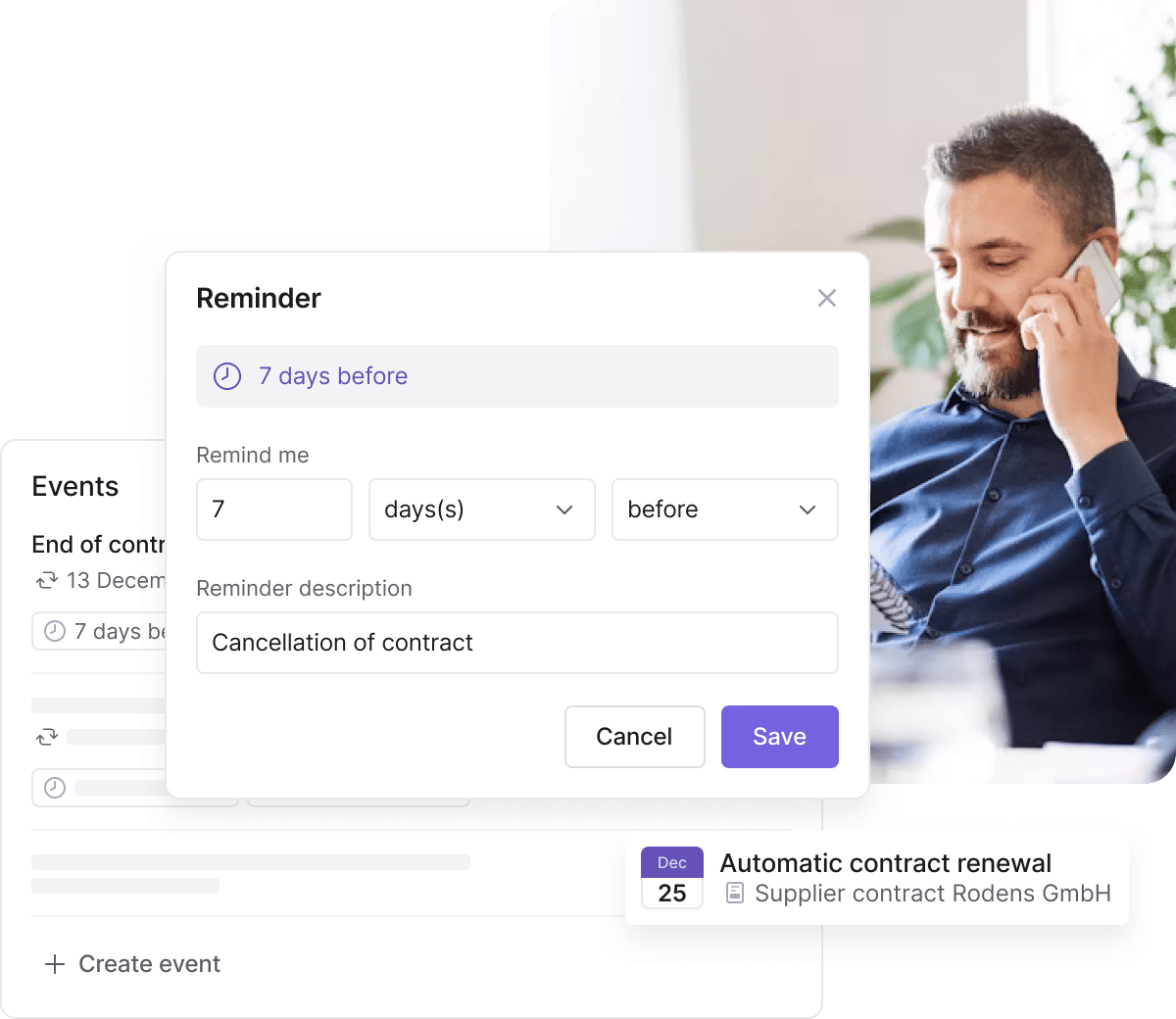 A dashboard showing automated AI-generated reminders for contract renewals and key dates - Join a live product demo of the Inhubber platform with CEO Dr. Elena Mechik